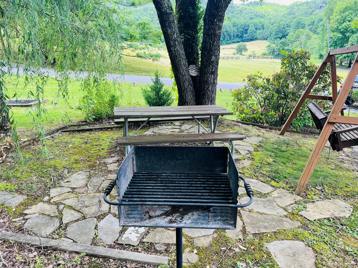 An inviting exterior area with a charcoal grill, picnic table, and swing set under mature trees. The scene is ideal for barbecuing, outdoor meals, and relaxing with family, perfectly matching the section's mention of grilling, picnics, and quiet reflection on a swing.