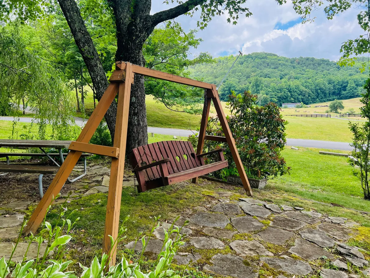 A cozy wooden swing sits on a well-maintained lawn, surrounded by lush greenery and set against a stunning mountain backdrop. The swing is inviting, perfect for relaxing with a pet, and the expansive outdoor space offers ample room for playing or unwinding after a day of exploring.